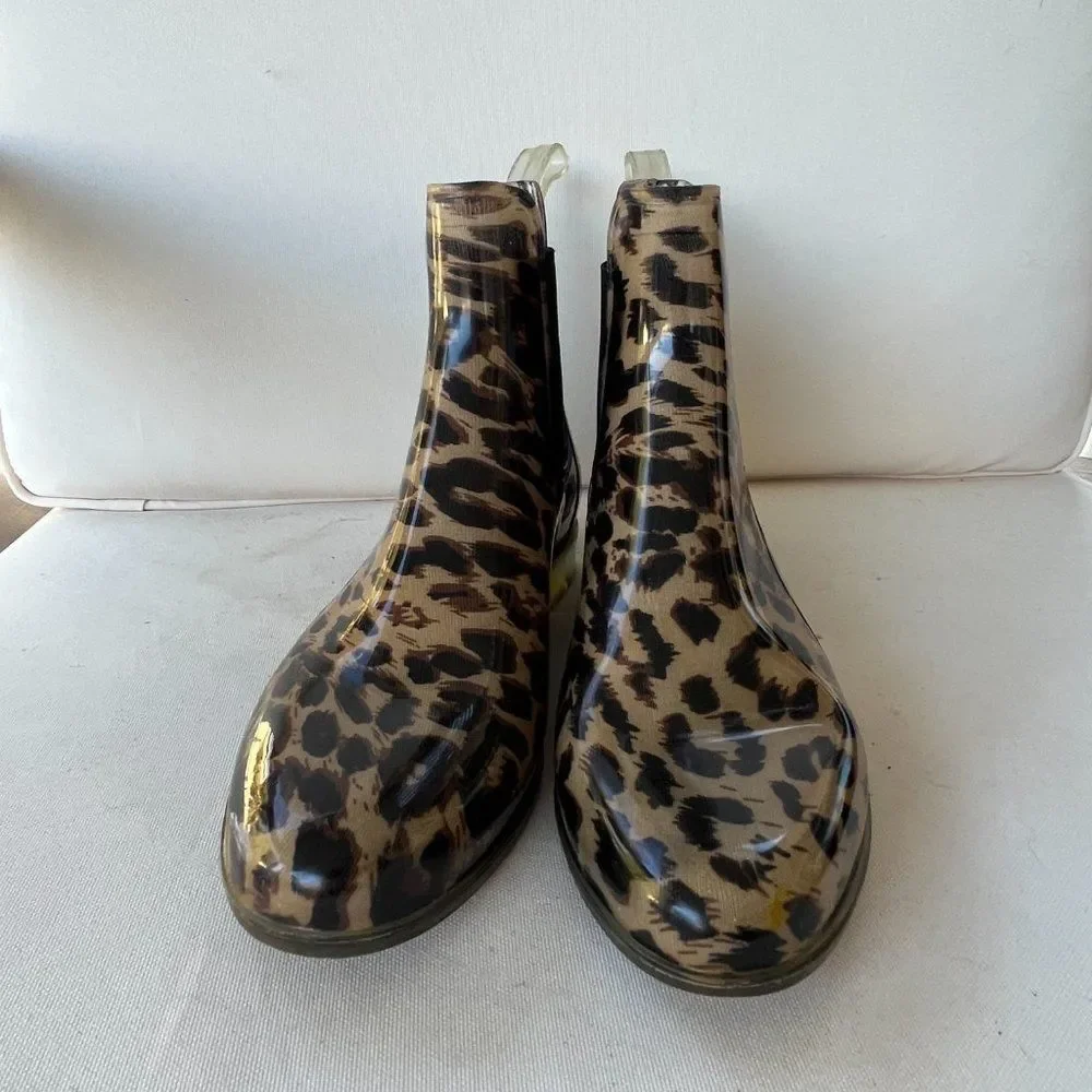 J. Crew Leopard Print Rain Chelsea Boots - Black Elastic